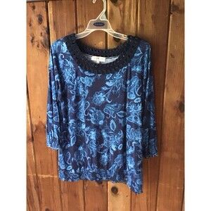 Jones New York Blue Floral Top XL Braided Neckline 3/4 Sleeve Casual Vintage